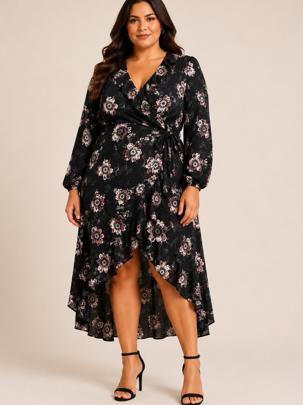 GiGi PARKER XL Wrap Dress With Ruffle Neckline In Floral Field Black